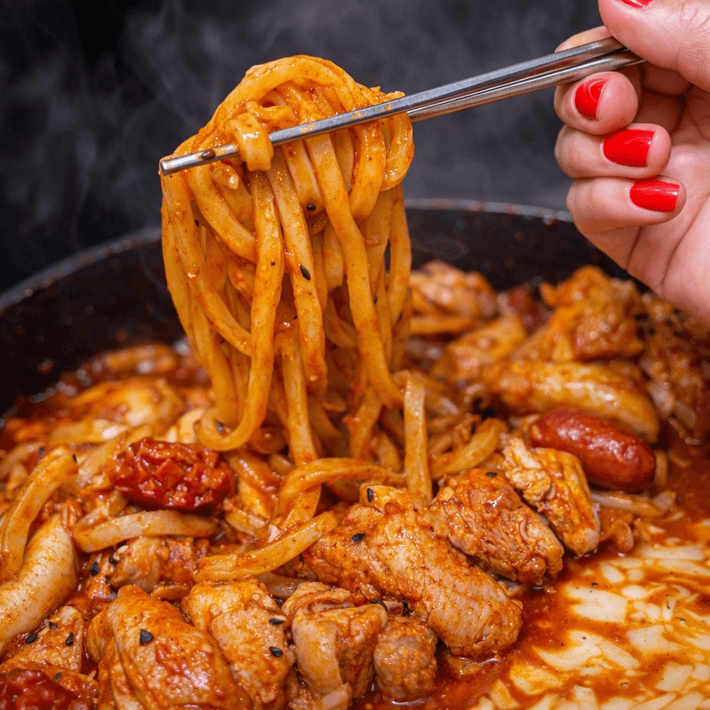 close-up of chewy noodles in spicy dakgalbi with chicken and sausage