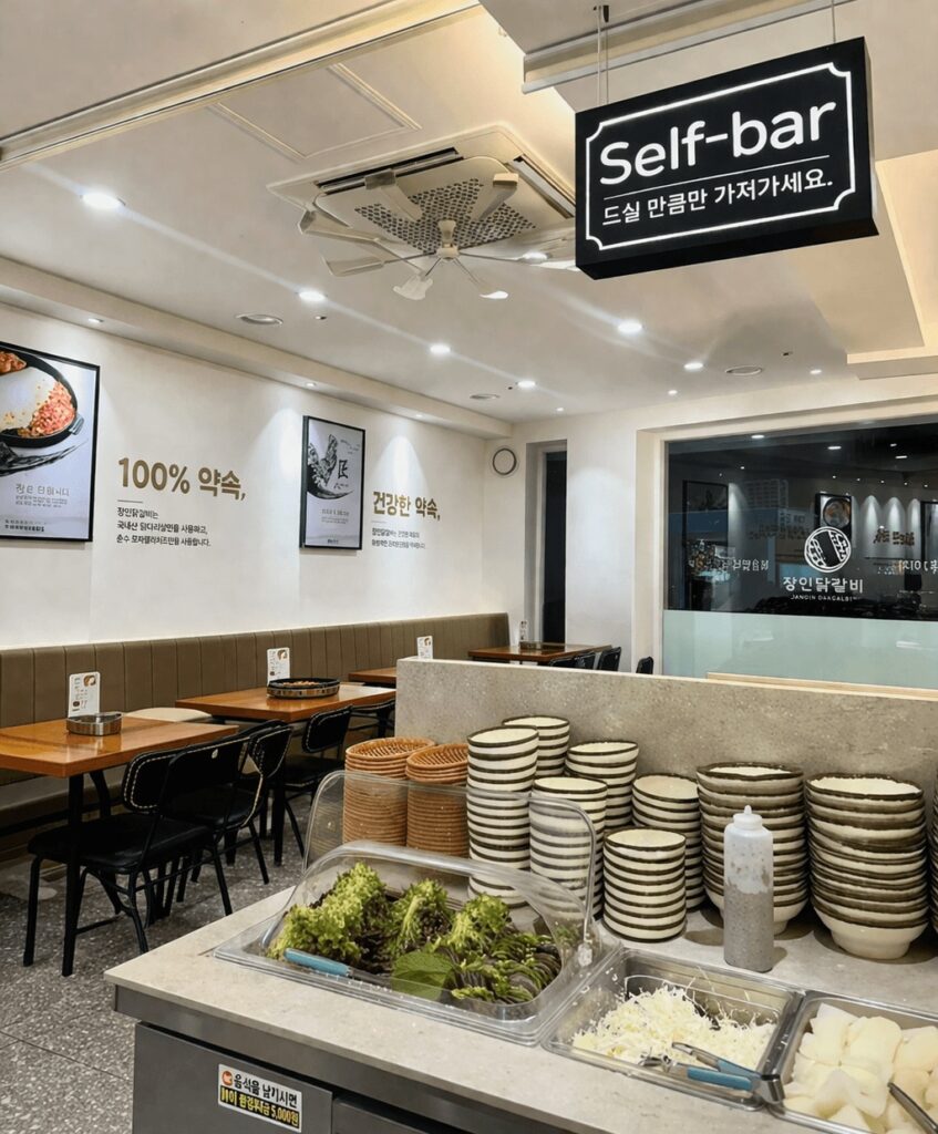 Korean restaurant self bar with vegetables and side dishes at dakgalbi place