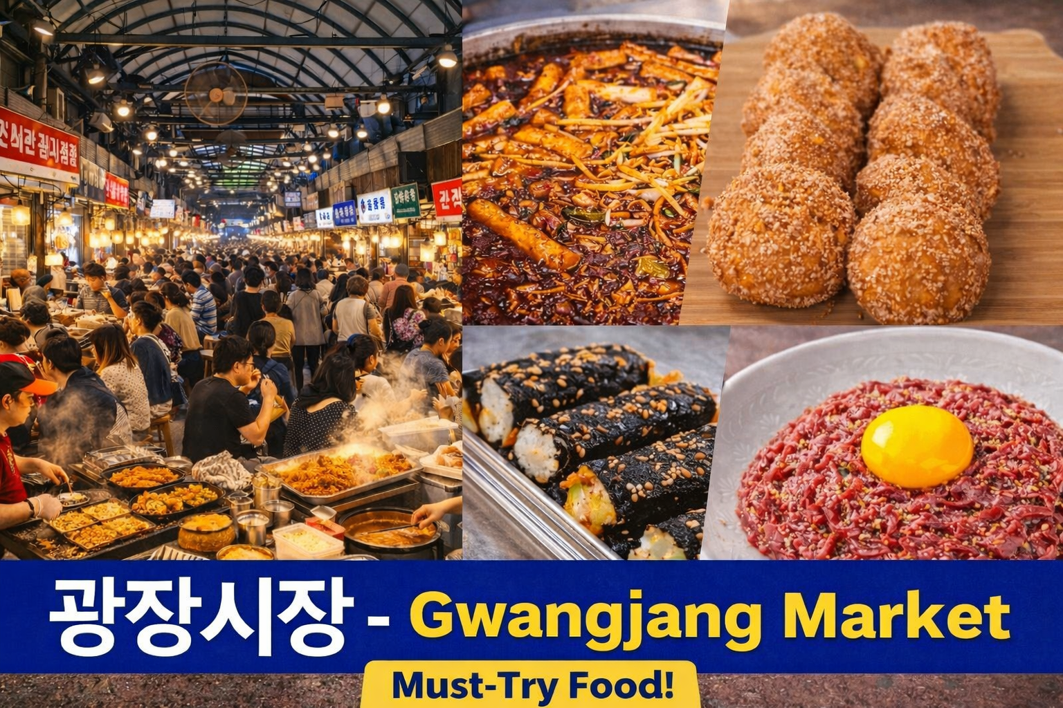 Gwangjang Market street food guide featuring tteokbokki mayak kimbap yukhoe and chapssal donuts in Seoul Korea