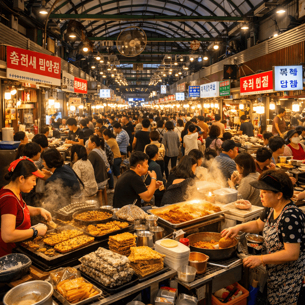 Gwangjang Market food alley filled with street food stalls and visitors in Seoul Korea
