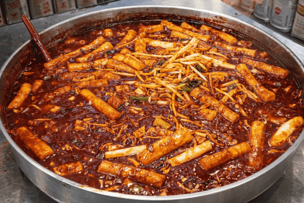 Spicy Korean tteokbokki cooking in large pan at Ganggane Tteokbokki Gwangjang Market