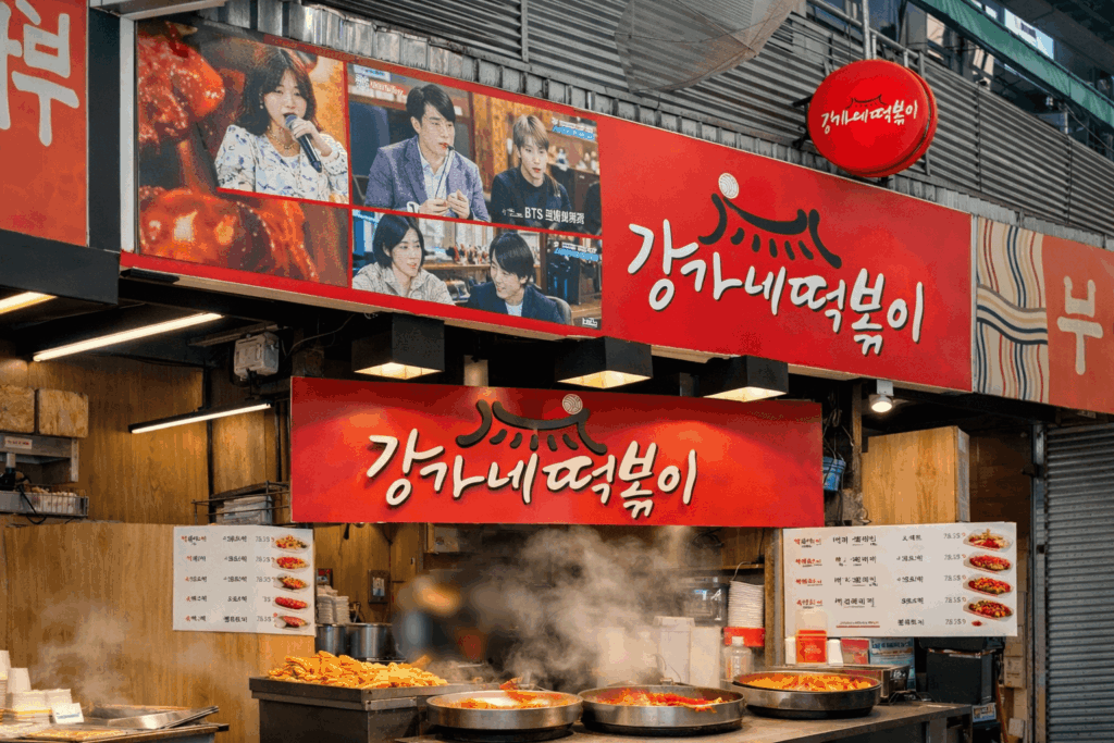 Ganggane Tteokbokki street food stall sign at Gwangjang Market