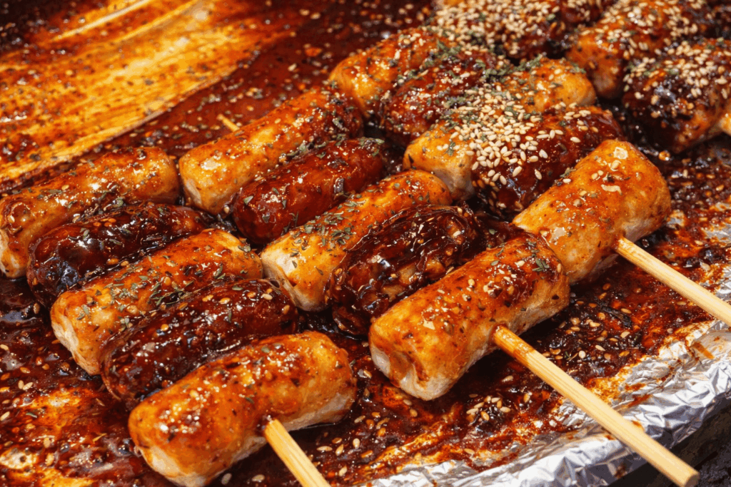 Sotteok sotteok rice cake and sausage skewer at Gwangjang Market Ganggane Tteokbokki