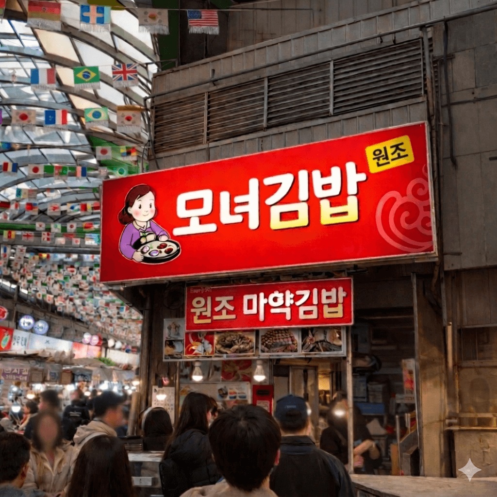 Mo-nyeo Kimbap sign at Gwangjang Market Seoul famous mayak kimbap shop