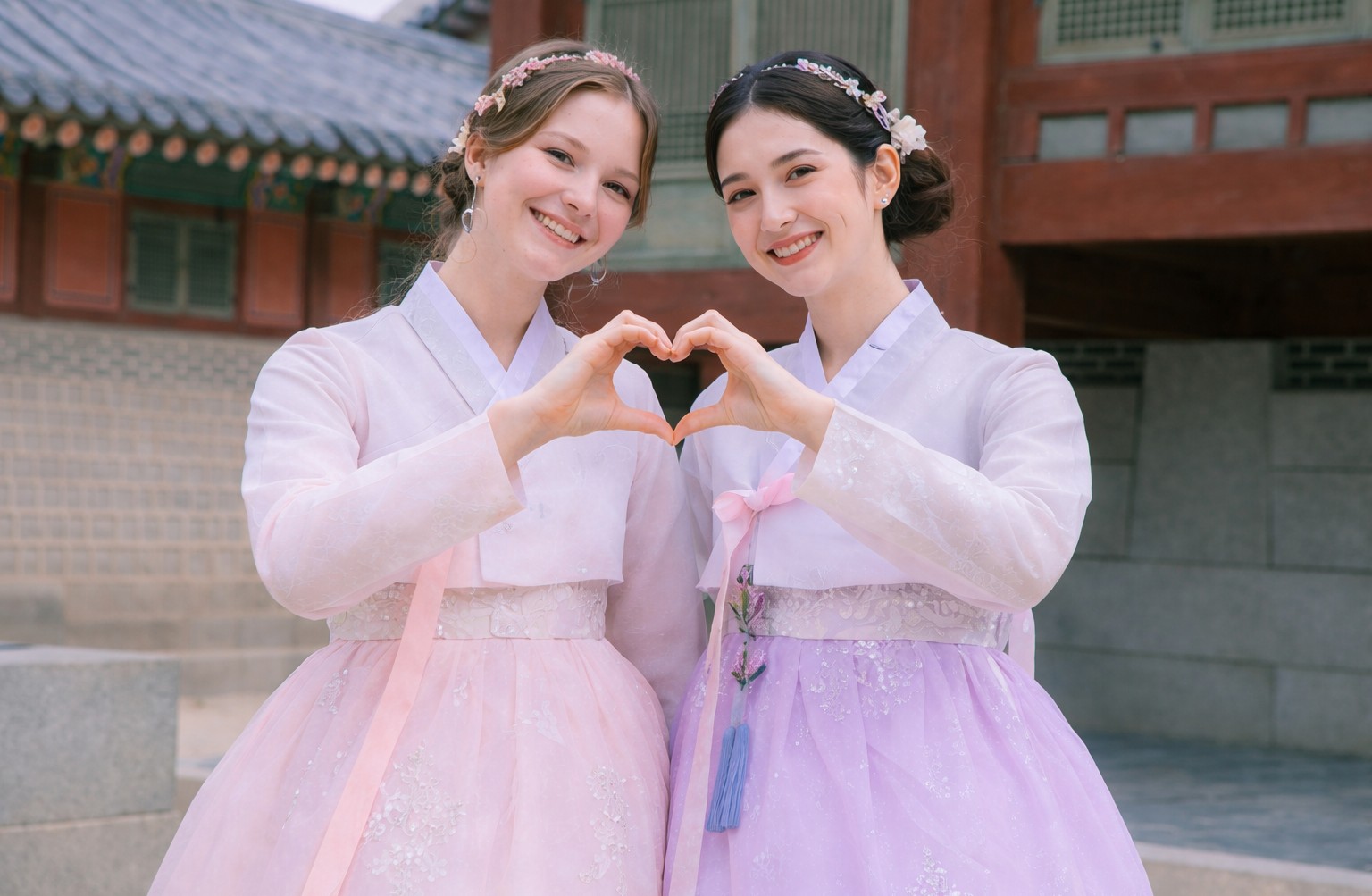 Tourists wearing traditional hanbok at Gyeongbokgung Palace in Seoul
