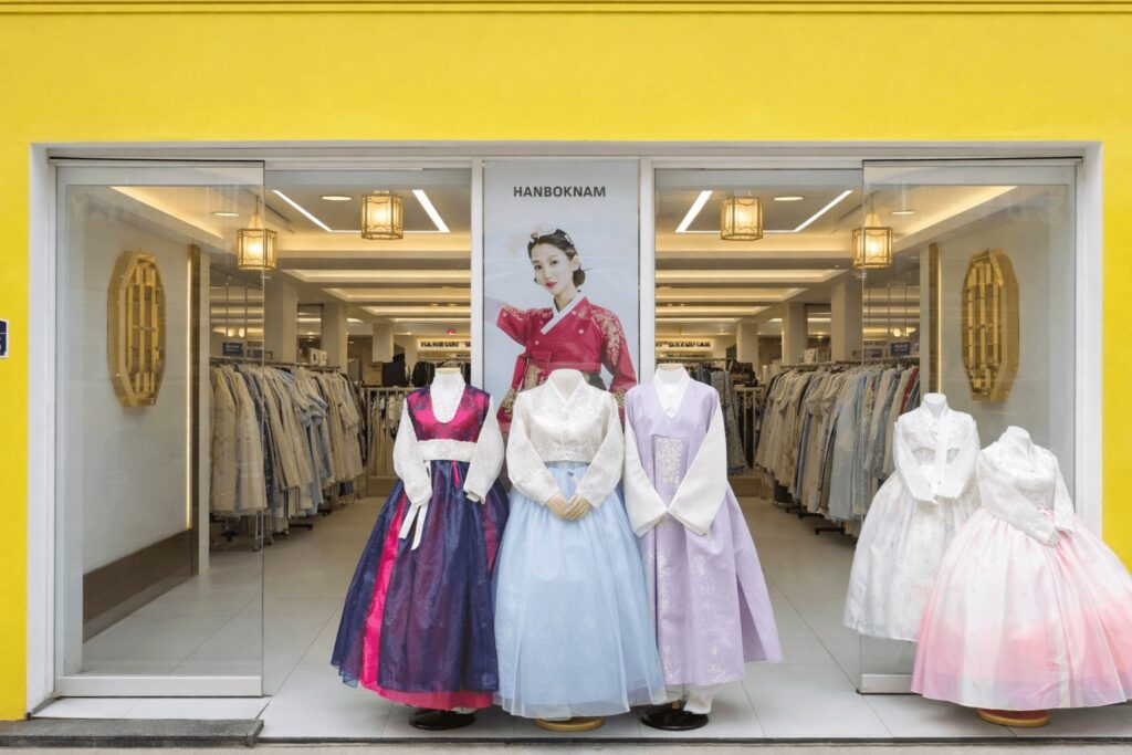 Hanbok rental shop near Gyeongbokgung Palace in Seoul displaying traditional Korean dresses