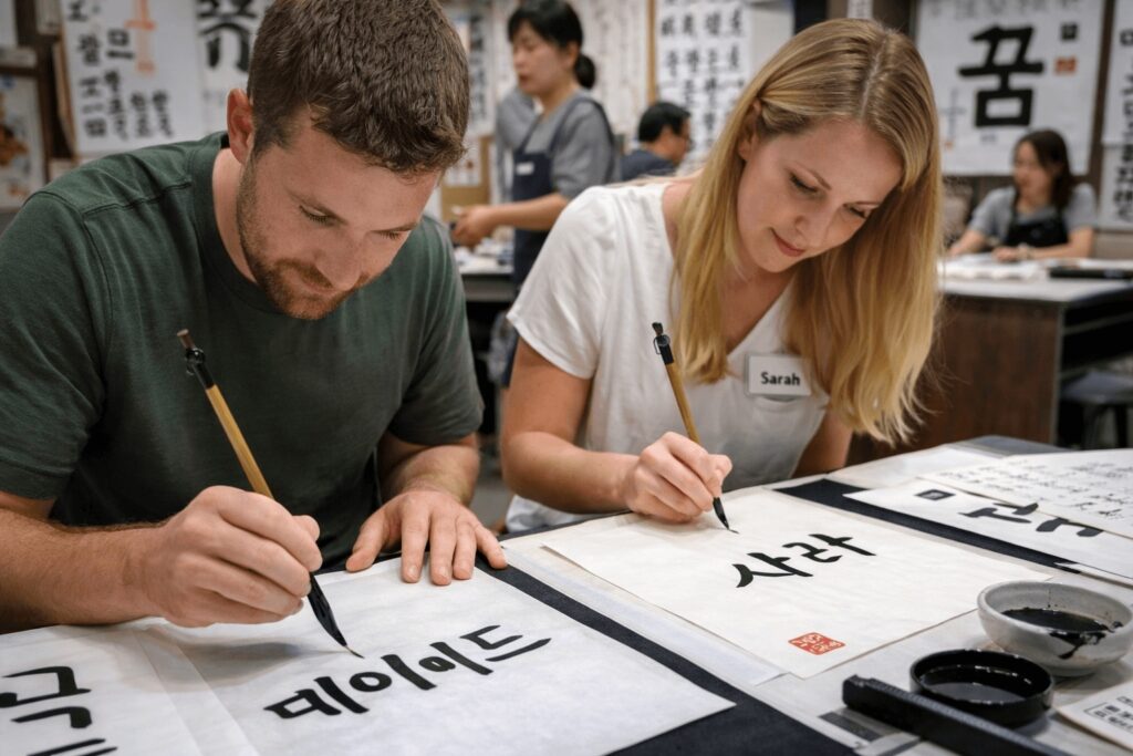 Foreign visitors learning Korean calligraphy with brush during a cultural workshop in Insadong Seoul