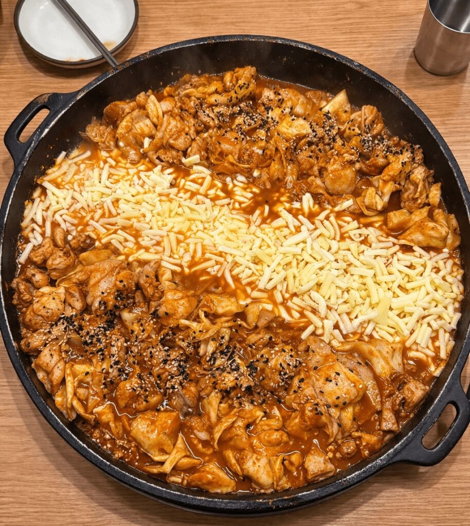 spicy dakgalbi with melted cheese on hot iron pan in Jongno Seoul