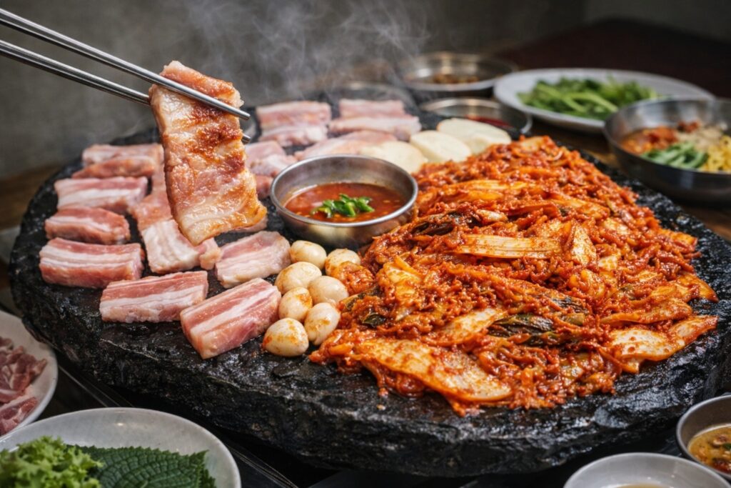 Cooking samgyeopsal on a hot stone grill in a Korean BBQ restaurant in Jongno Seoul