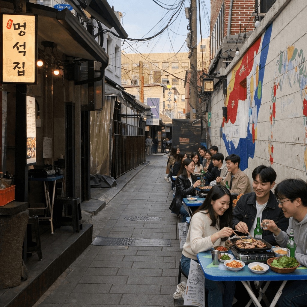 Ikseon-dong alley outdoor Korean BBQ dining scene Jongno Seoul
