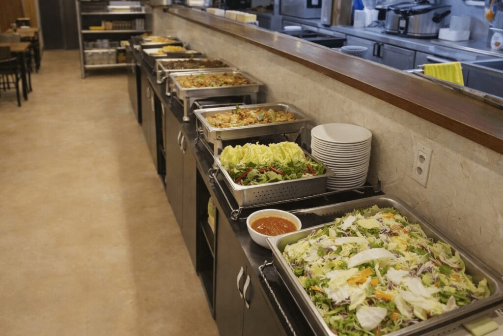 korean lunch buffet food line at jeonju bapcha restaurant in jongno
