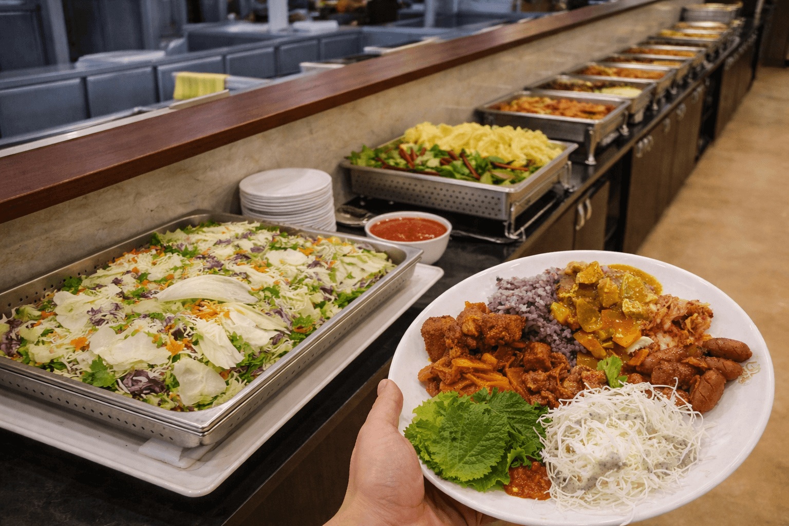 plate of korean buffet food at jeonju bapcha lunch buffet in jongno