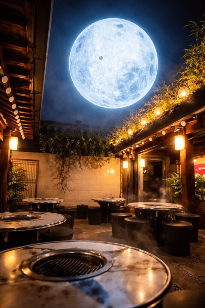 Korean BBQ courtyard night atmosphere with moon lighting Jongno