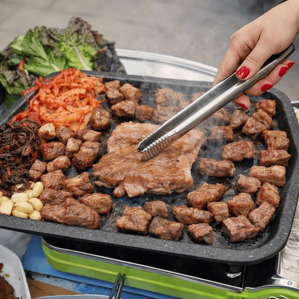 Korean BBQ self-service side dishes bar with kimchi greens Jongno