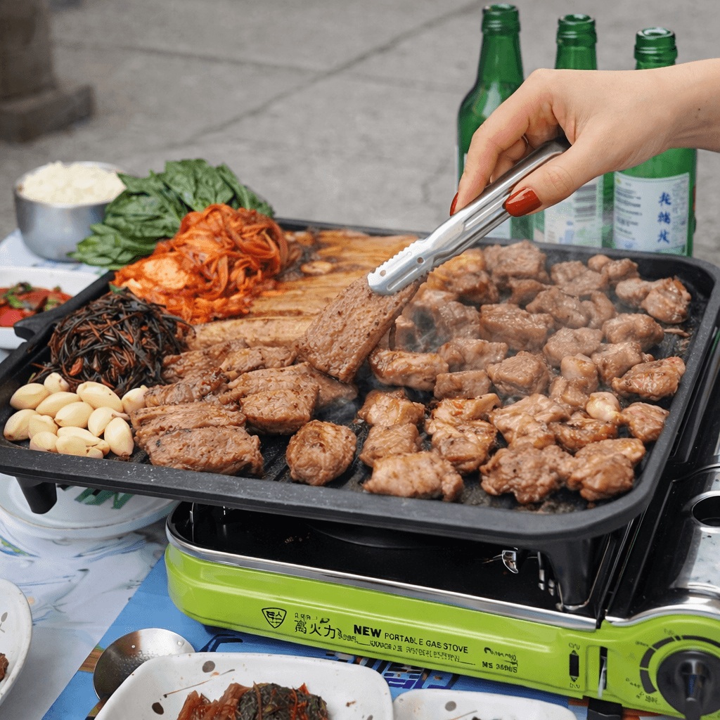 Grilling pork belly on portable gas stove Korean BBQ street dining