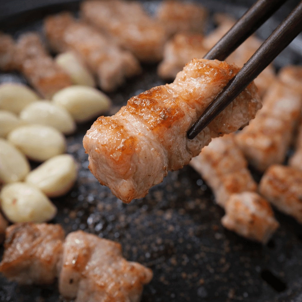 Close-up crispy grilled pork belly with chopsticks Korean BBQ Jongno