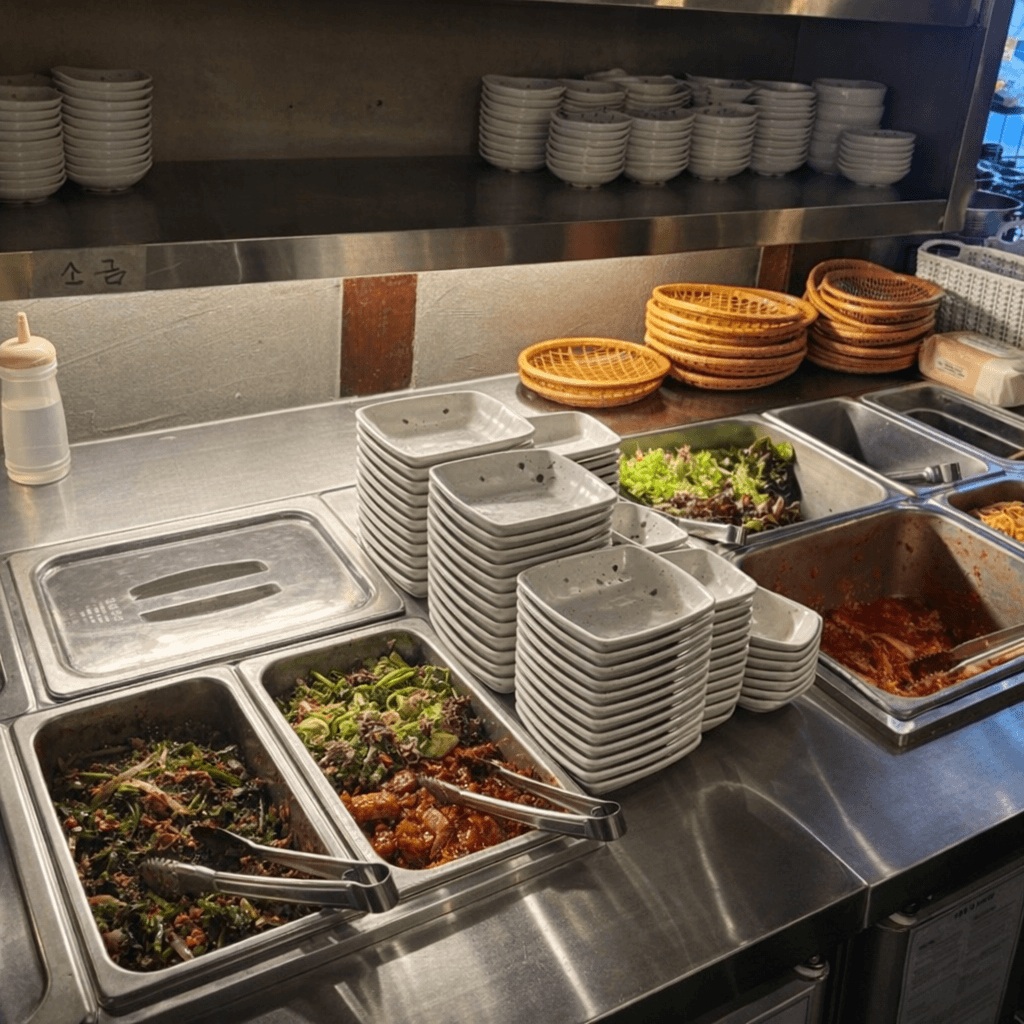 Korean BBQ self-service side dishes bar with kimchi greens Jongno