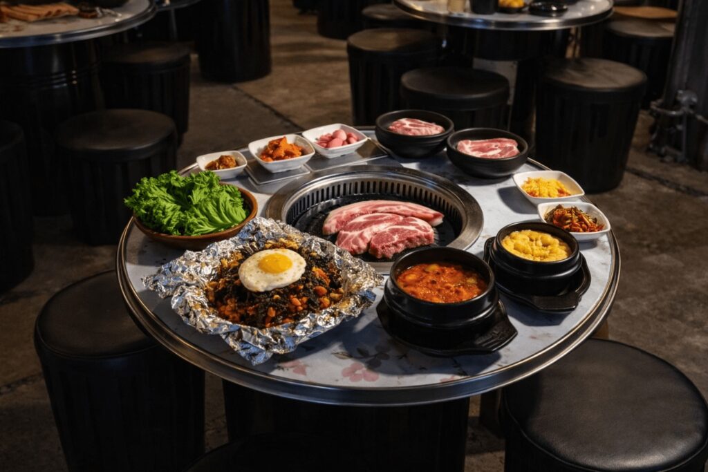 Korean BBQ full table set with pork belly kimchi stew and side dishes Jongno