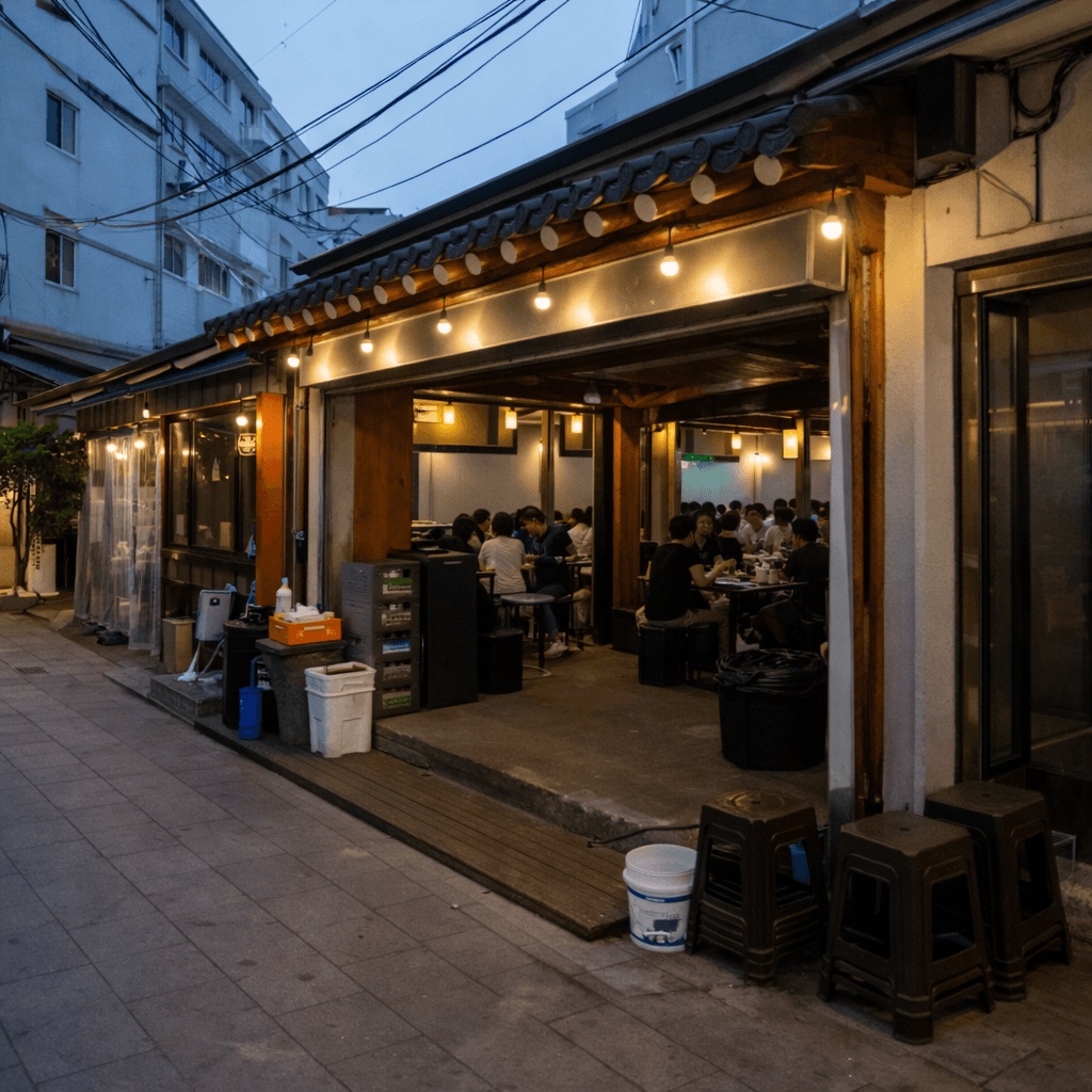 Traditional Korean BBQ restaurant exterior evening view Jongno Myeongseokjip