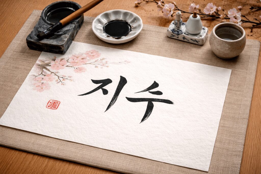 Traditional Korean calligraphy artwork written with brush and ink on Hanji paper in Insadong Seoul