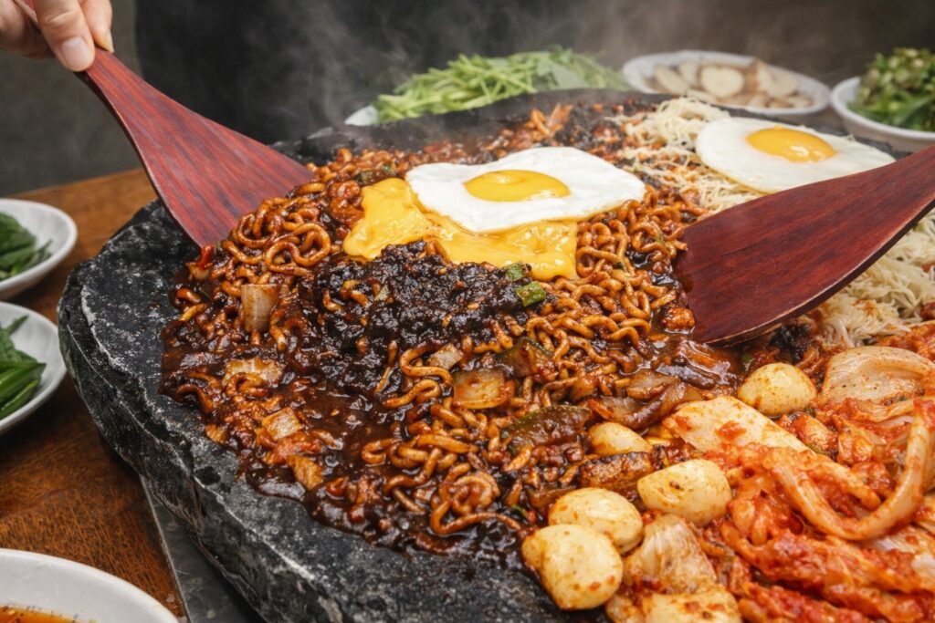 Hot stone jajang noodles with egg and cheese served on a sizzling plate as a popular Korean comfort food