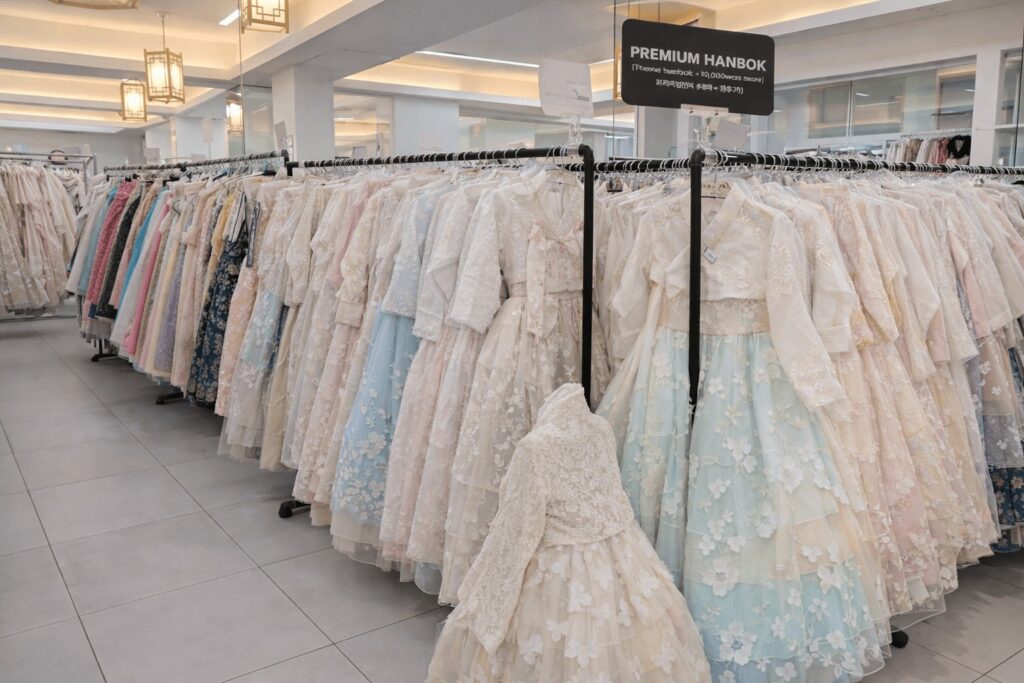 Interior of a premium hanbok rental store in Seoul with rows of colorful traditional Korean dresses