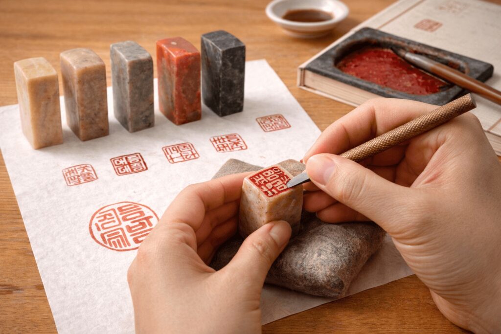Traditional Korean seal engraving stamp carving experience in Insadong Seoul