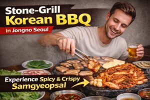 Stone grill Korean BBQ experience in Jongno Seoul with crispy samgyeopsal pork belly, kimchi, and a traveler enjoying beer at a local restaurant