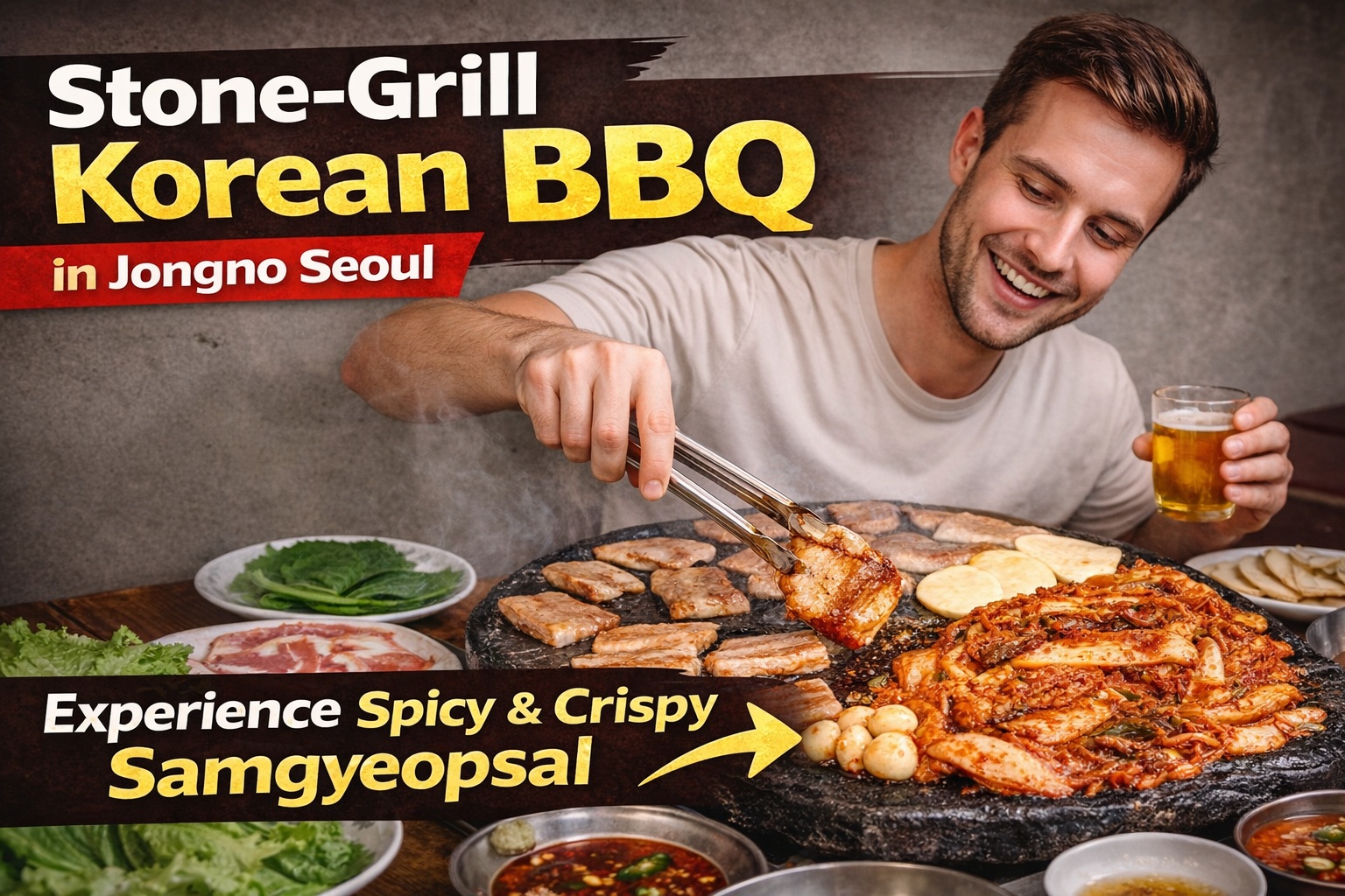 Stone grill Korean BBQ experience in Jongno Seoul with crispy samgyeopsal pork belly, kimchi, and a traveler enjoying beer at a local restaurant