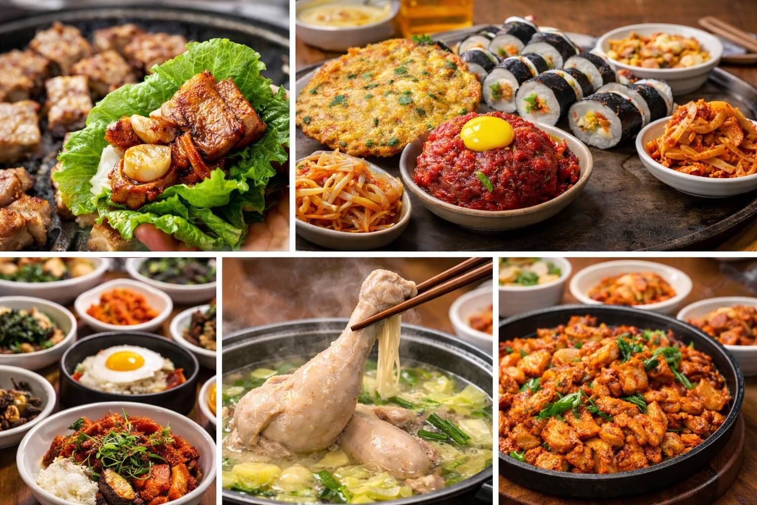 Korean food near Gyeongbokgung featuring BBQ, Dakhanmari chicken soup, street food, and local dishes in Jongno Seoul
