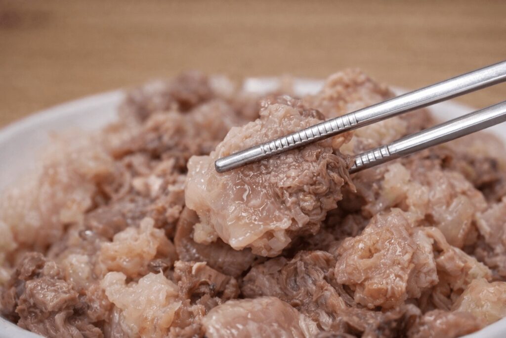 Close-up of boiled dogani suyuk beef cartilage texture Korean dish