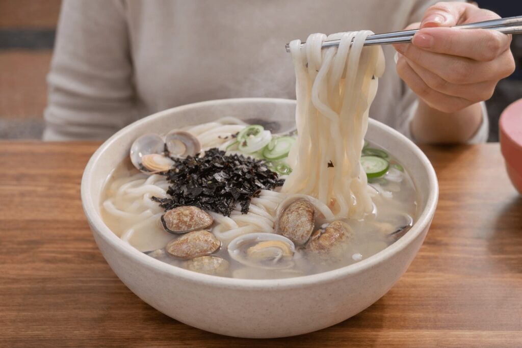 Lifting kalguksu noodles with chopsticks at Chanyangjip Seoul