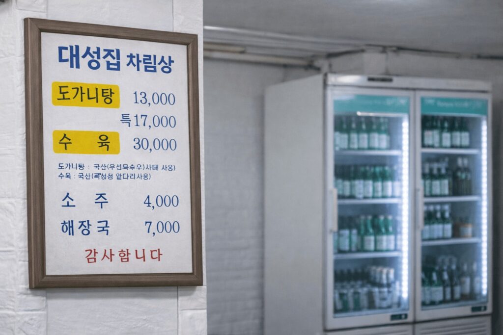 Menu board at Daeseongjip showing dogani tang price in Korean restaurant