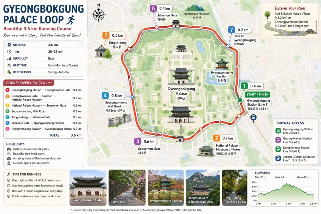 Gyeongbokgung Palace 3.6km running loop course map in Jongno Seoul with route, distance, and landmarks