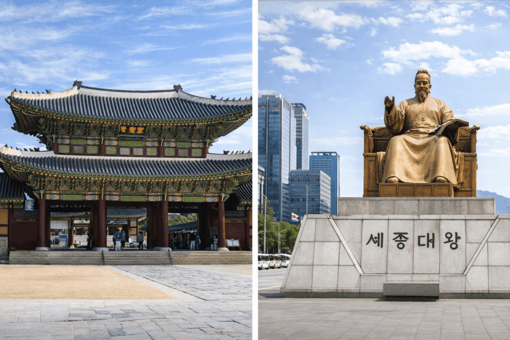 Gyeongbokgung Palace gate and King Sejong statue at Gwanghwamun Square in Jongno Seoul
