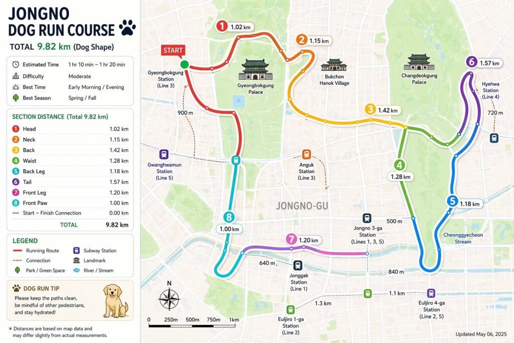 Jongno dog running course 9.8km map in Seoul showing route around Gyeongbokgung Bukchon and Cheonggyecheon