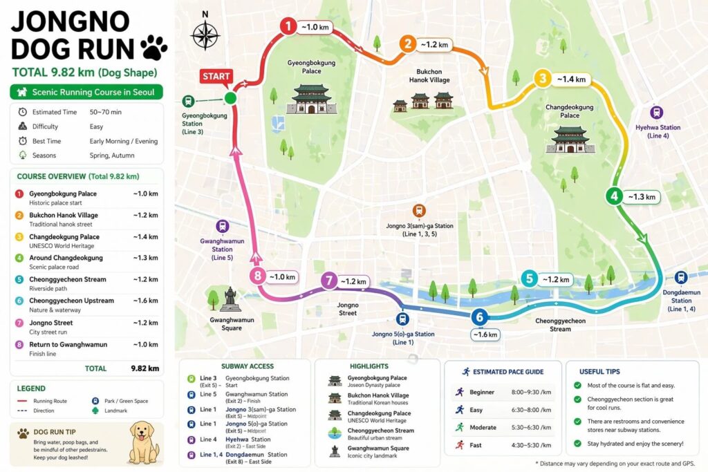 Scenic dog running course in Jongno Seoul connecting Gyeongbokgung Palace Bukchon Hanok Village and Cheonggyecheon stream