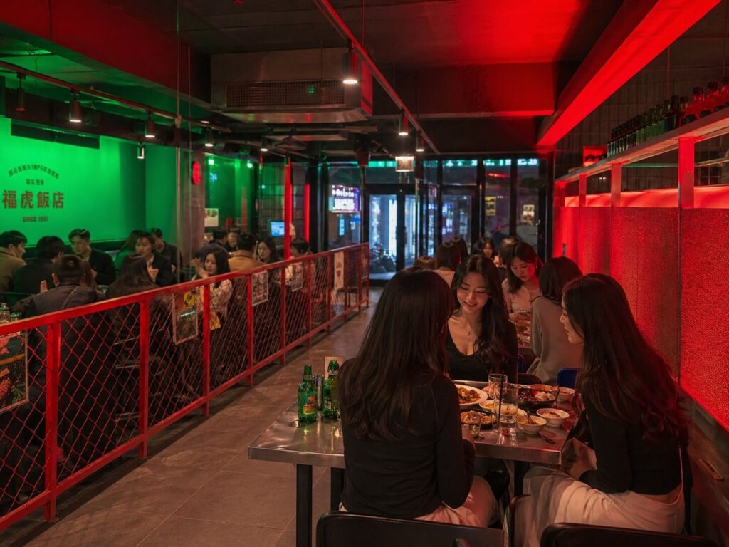 Bokho Pocha nightlife bar with red and green neon lighting near Jongno 3-ga
