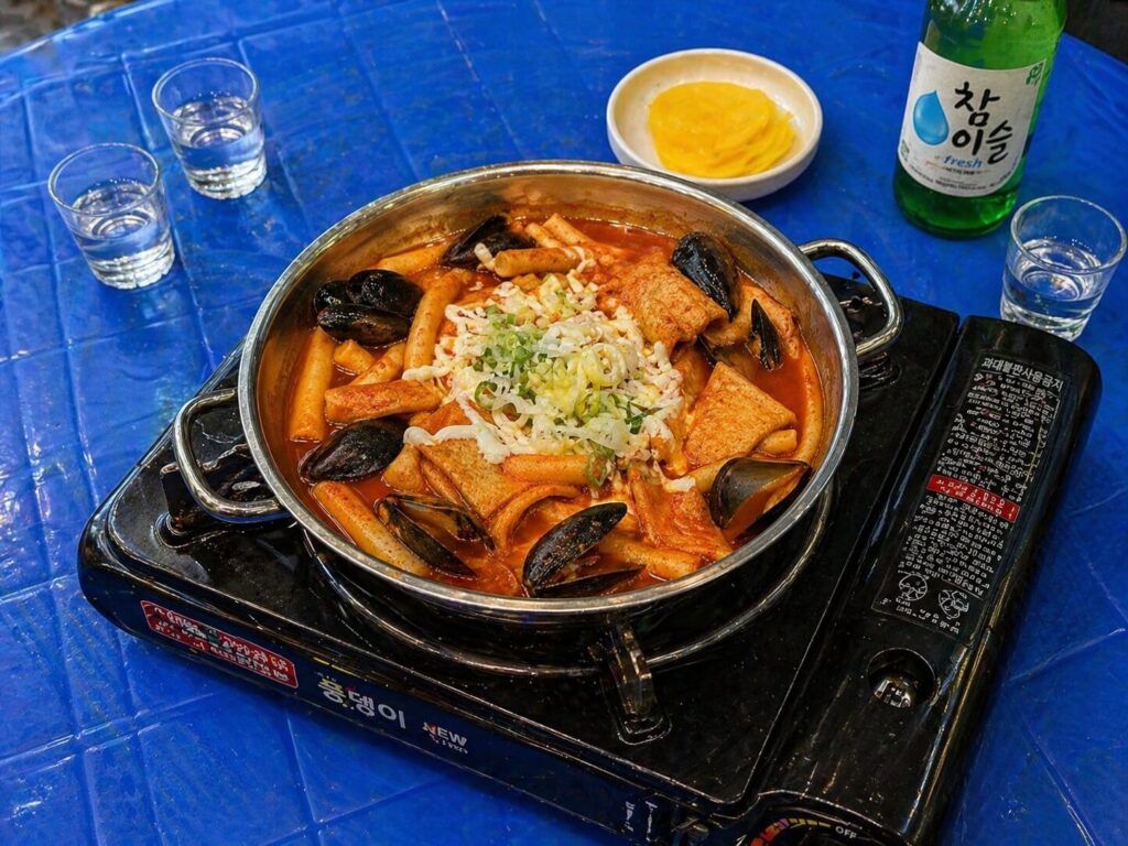 Spicy tteokbokki hot pot with soju at Jongno 3-ga Pojangmacha Street in Seoul