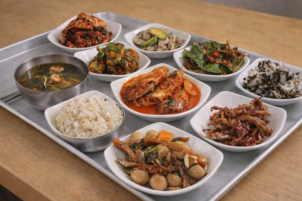 Korean home style meal with multiple side dishes and soup