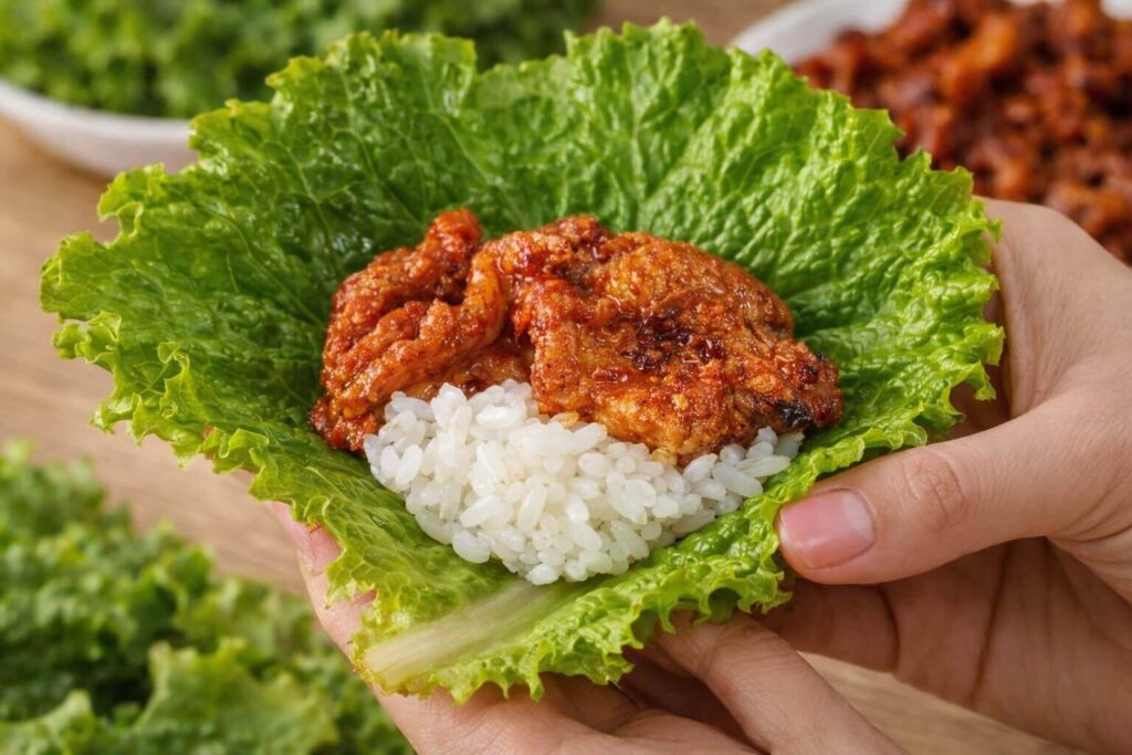 korean-lettuce-wrap-spicy-pork-rice-ready