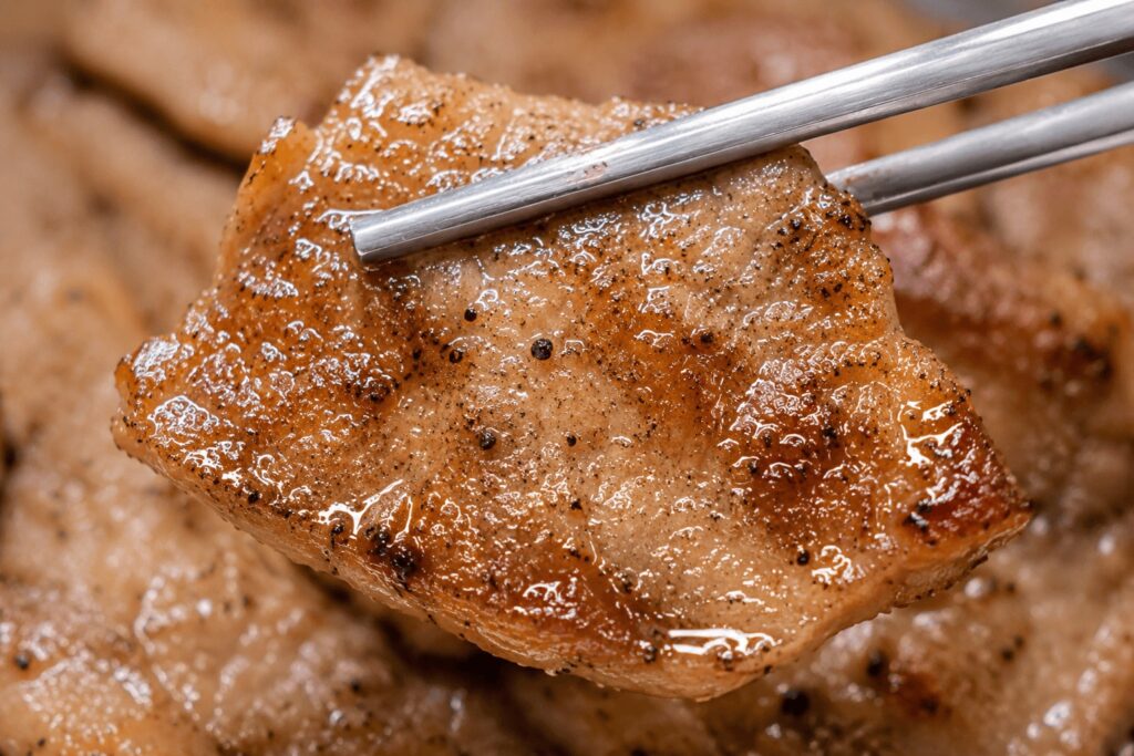 Close-up of charcoal grilled pork bulgogi in Seoul Korea