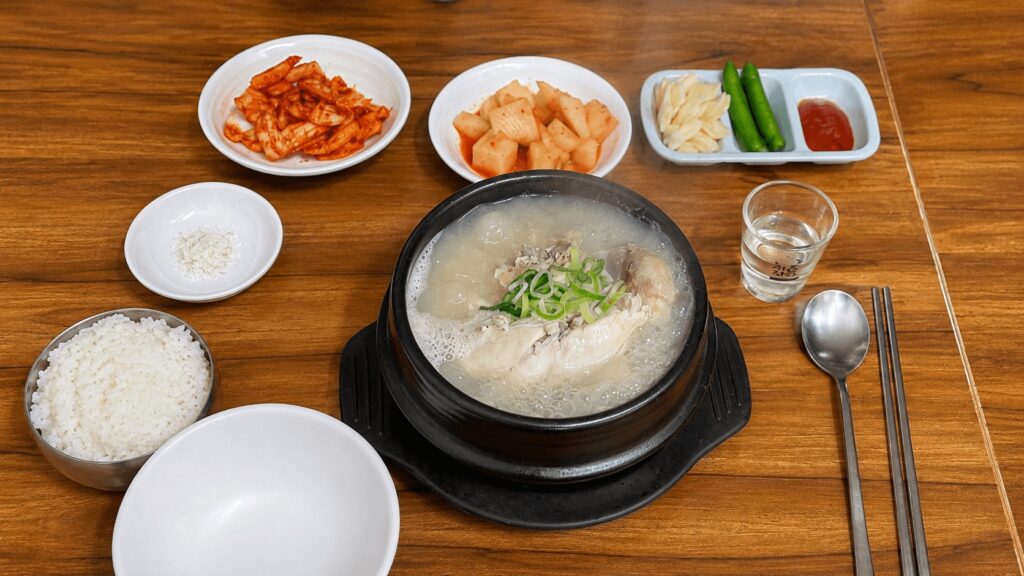 Full samgyetang meal set at Cheonil Samgyetang in Dongdaemun Seoul
