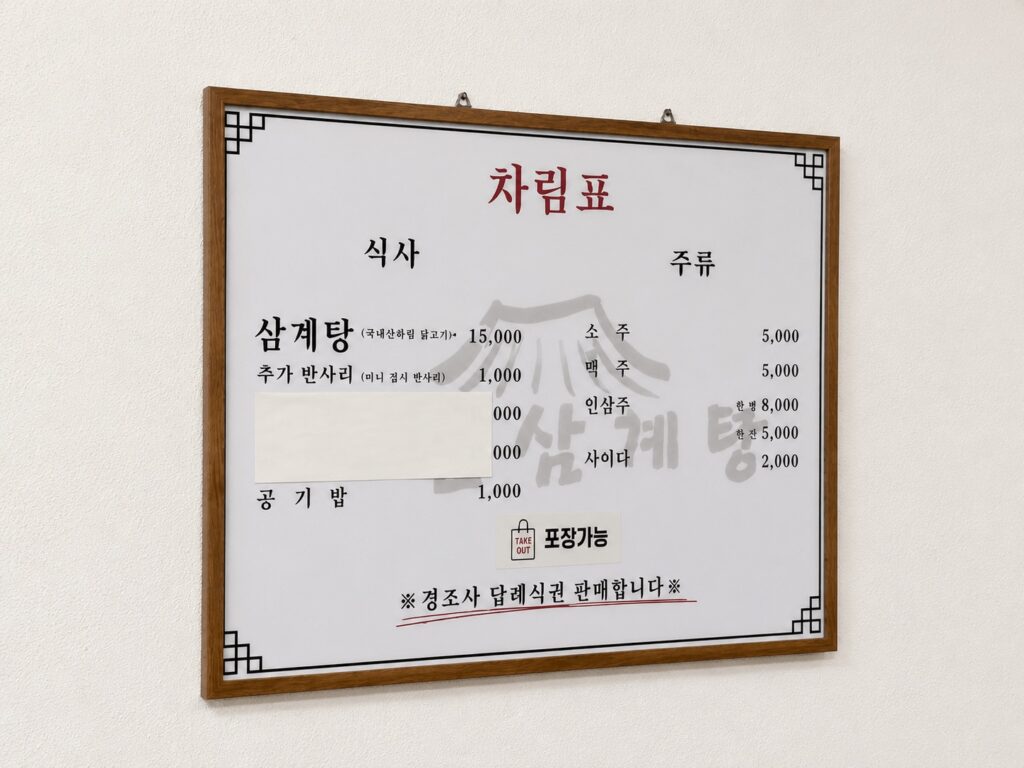 Cheonil Samgyetang menu and prices near Dongdaemun Market in Jongno Seoul