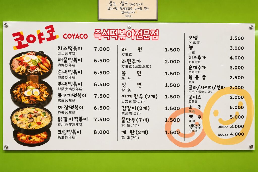 Wall Menu Board at Coyaco Tteokbokki Restaurant