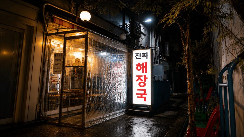 Night exterior of Daehwajeong Jinjja Haejangguk in Dongdaemun Seoul