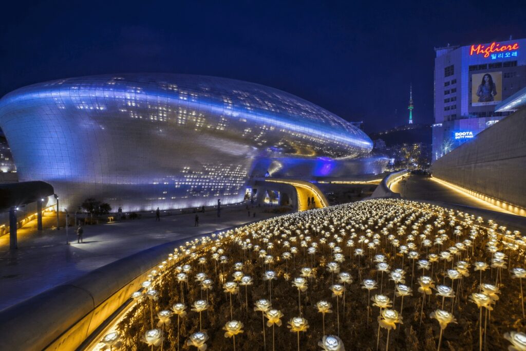 LED rose flower installation at DDP night view in Dongdaemun Seoul