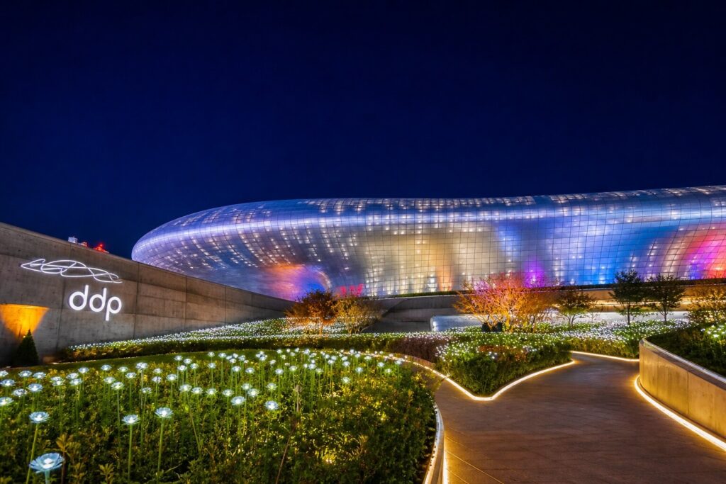 Dongdaemun Design Plaza night light garden with illuminated flowers in Seoul