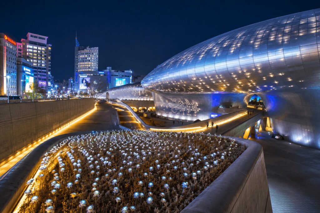 Night view of Dongdaemun Design Plaza (DDP) with LED rose garden in Seoul