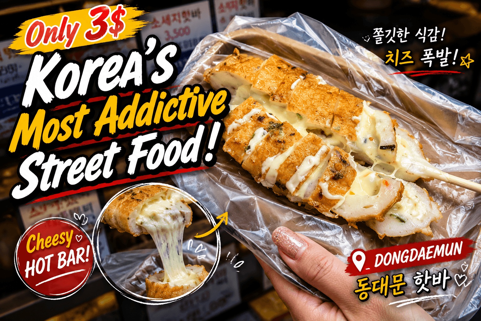 Making Korean cheese hot bar at Dongdaemun street food stall